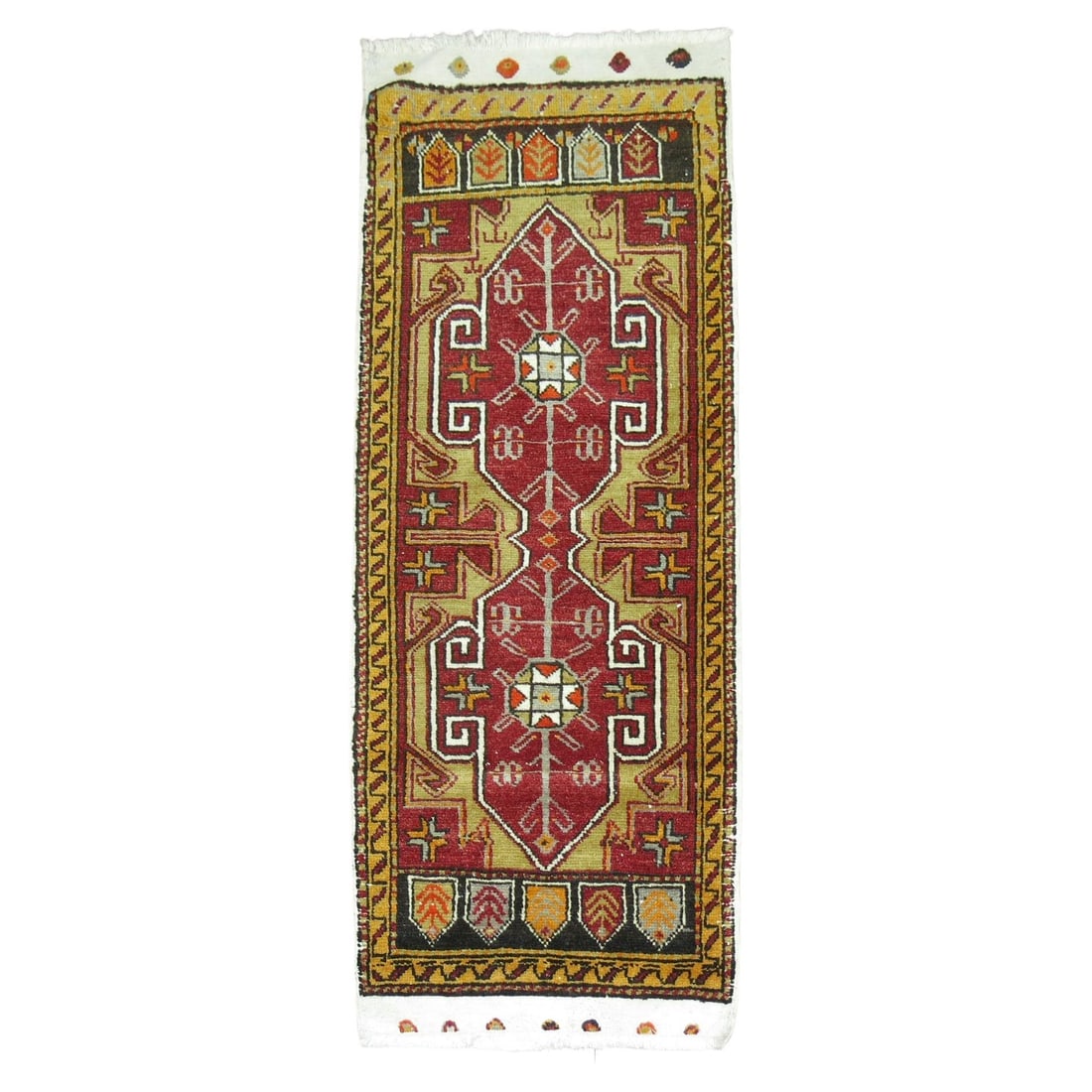 Unique 1950s Mini Antique Turkish Wool Runner 22 x 55 Agra Style: Unique 1950s Mini Antique Turkish Wool Runner 22 x 55 Agra Style This exquisite Mini Antique Turkish Small Runner features a unique Agra style, showcasing the rich textile heritage of Turkey. Hand-kno