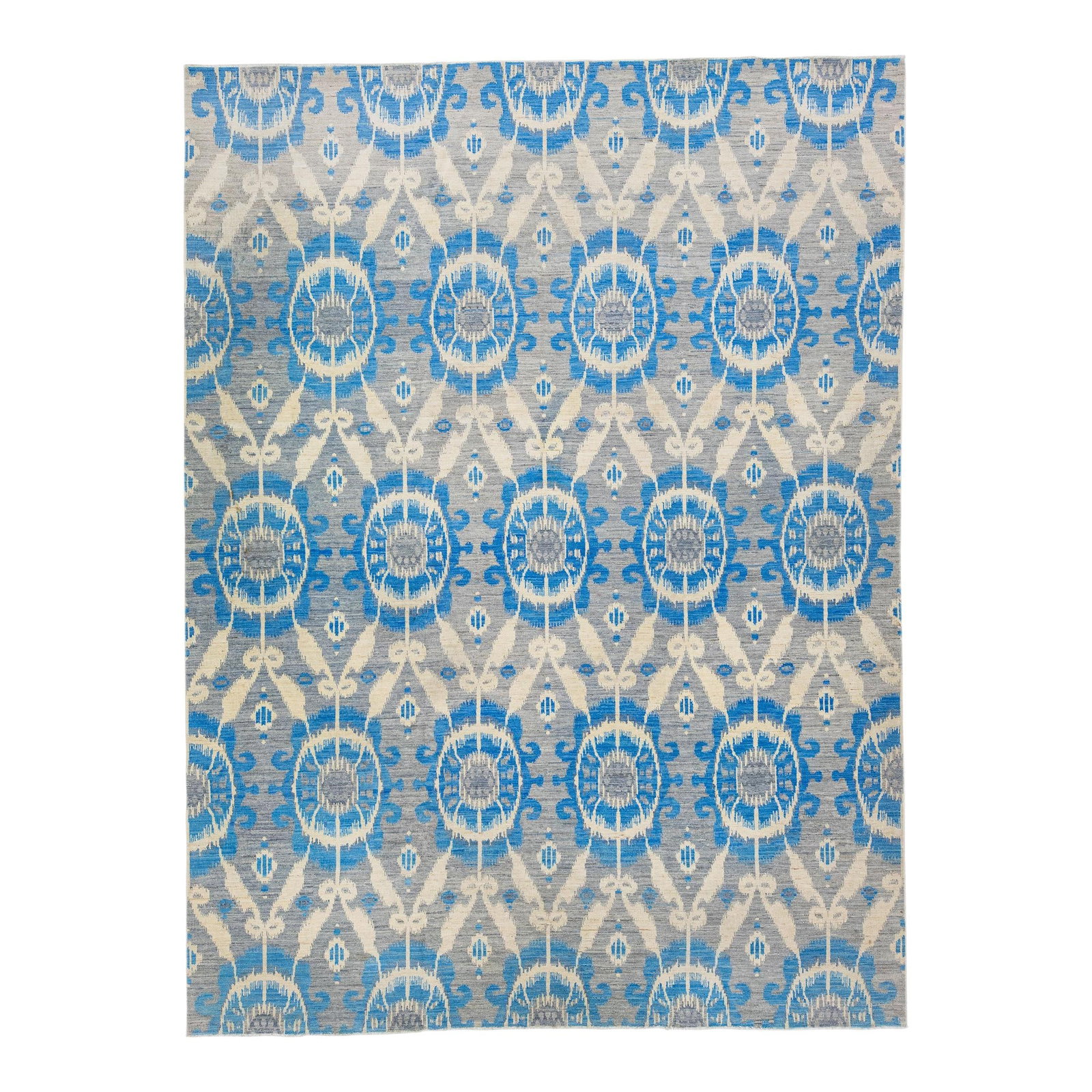 Modern Ikat Gray Wool Silk Rug 9'2 x 12'6 Allover Pattern: Modern Ikat Gray Wool Silk Rug 9'2 x 12'6 Allover Pattern Enhance your living space with this exquisite Ikat rug, meticulously hand-knotted from a luxurious blend of wool and silk. Featuring a sophist