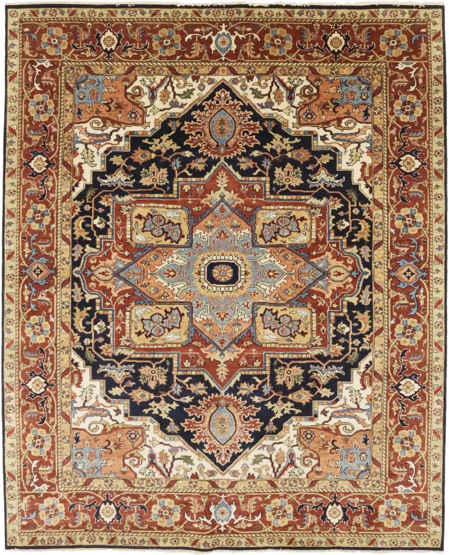Hand-Knotted Wool Geometric Heriz Serapi Area Rug 7'10 x 9'10 Dark Navy: Hand-Knotted Wool Geometric Heriz Serapi Area Rug 7'10 x 9'10 Dark Navy This handmade Heriz Serapi area rug features a striking geometric pattern in dark navy, rust, beige, cream, salmon, and blue hue