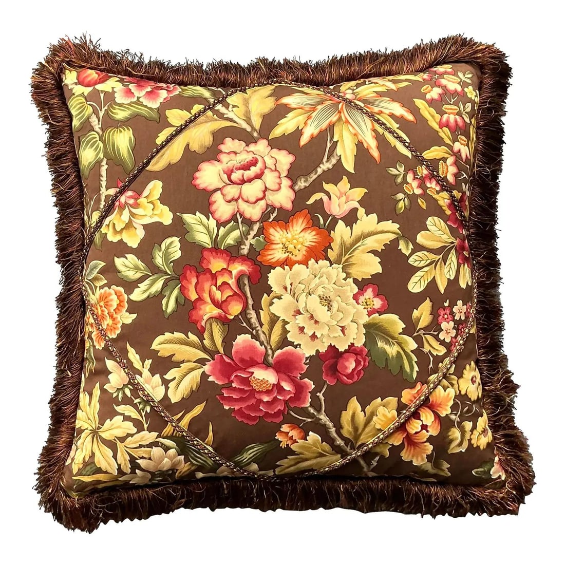 Opulent Floral Chintz Throw Pillow With Caterpillar Fringe Trim 23" Vintage (1 of 7)
