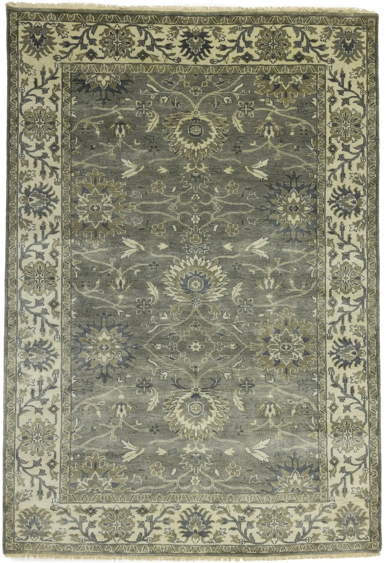 Handmade Gray Floral Oushak Chobi Wool Rug 6'0 x 8'9 ft Eco-Friendly: Handmade Gray Floral Oushak Chobi Wool Rug 6'0 x 8'9 ft Eco-Friendly Enhance your home or office decor with this exquisite Handmade Gray Floral Oushak Chobi Rug. Crafted in India, this beautiful area 
