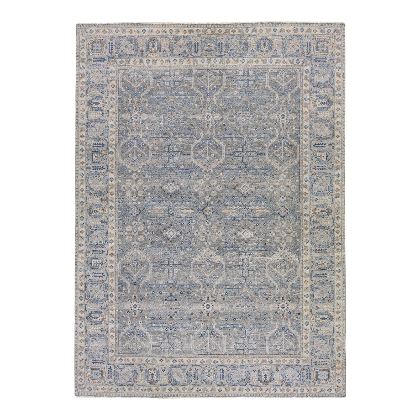 Handmade Gray Floral Wool Rug 9'11 x 13'10: Handmade Gray Floral Wool Rug 9'11 x 13'10 Introducing a stunning Modern Indian Handmade Gray Floral Wool Rug, expertly crafted's Artisan line. This unique piece reimagines traditional antique aesthet