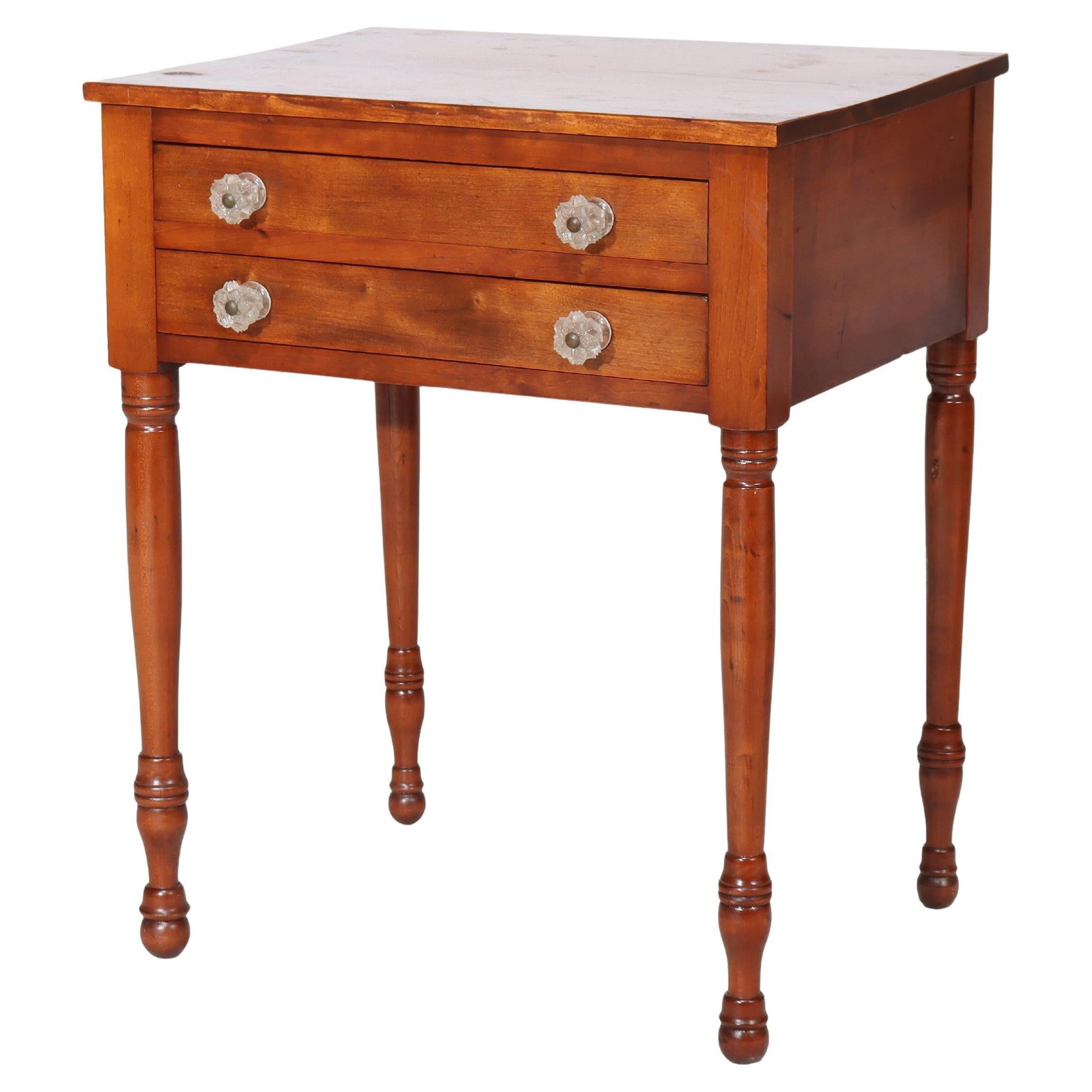 Sheraton Cherry Wood Two Drawer Table with Sandwich Glass Pulls Circa 1840 (1 of 18)