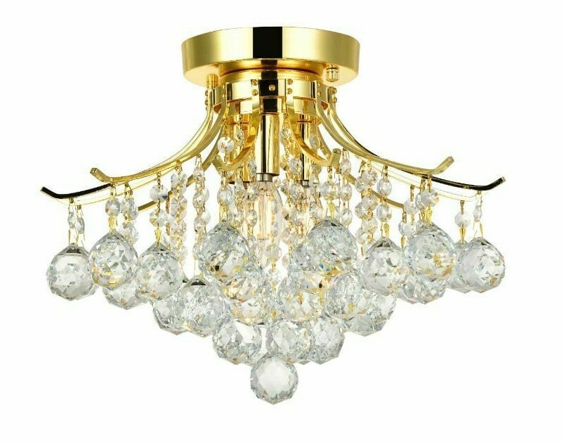 Toureg 16 in Gold Crystal 3 Light Flush Mount: Toureg 16 in Gold Crystal 3 Light Flush Mount This modern crystal flush mount chandelier features a gold-plated finish with clear crystal, crystal glass, and steel construction. It is a 3-light