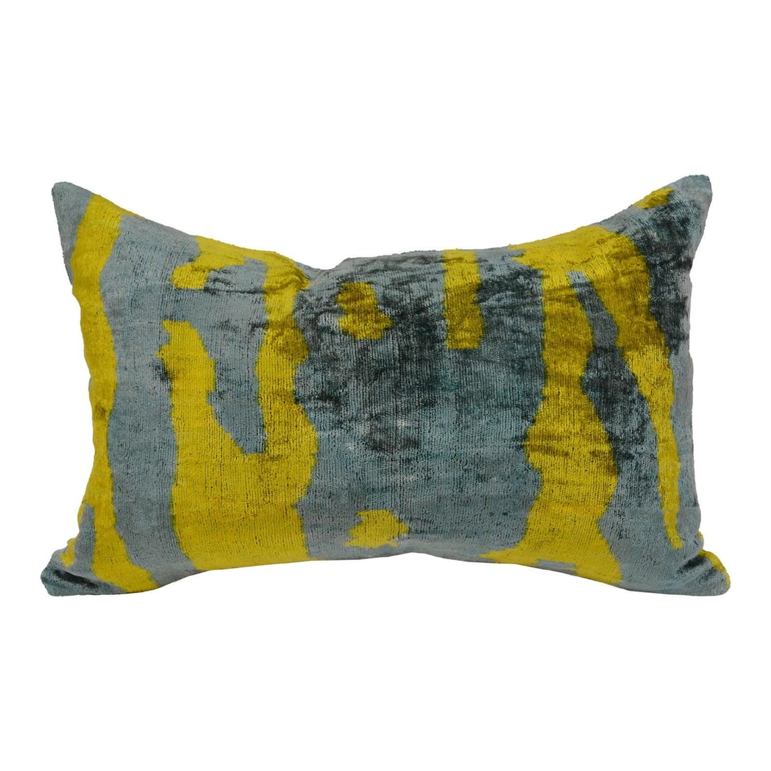 Saffron Ikat Velvet Silk Pillow With Linen Backing And Feather Insert: Saffron Ikat Velvet Silk Pillow With Linen Backing And Feather Insert This hand made pillow cushion features a silk Uzbek Ikat velvet front with a natural linen backing and a hidden zipper. It comes w