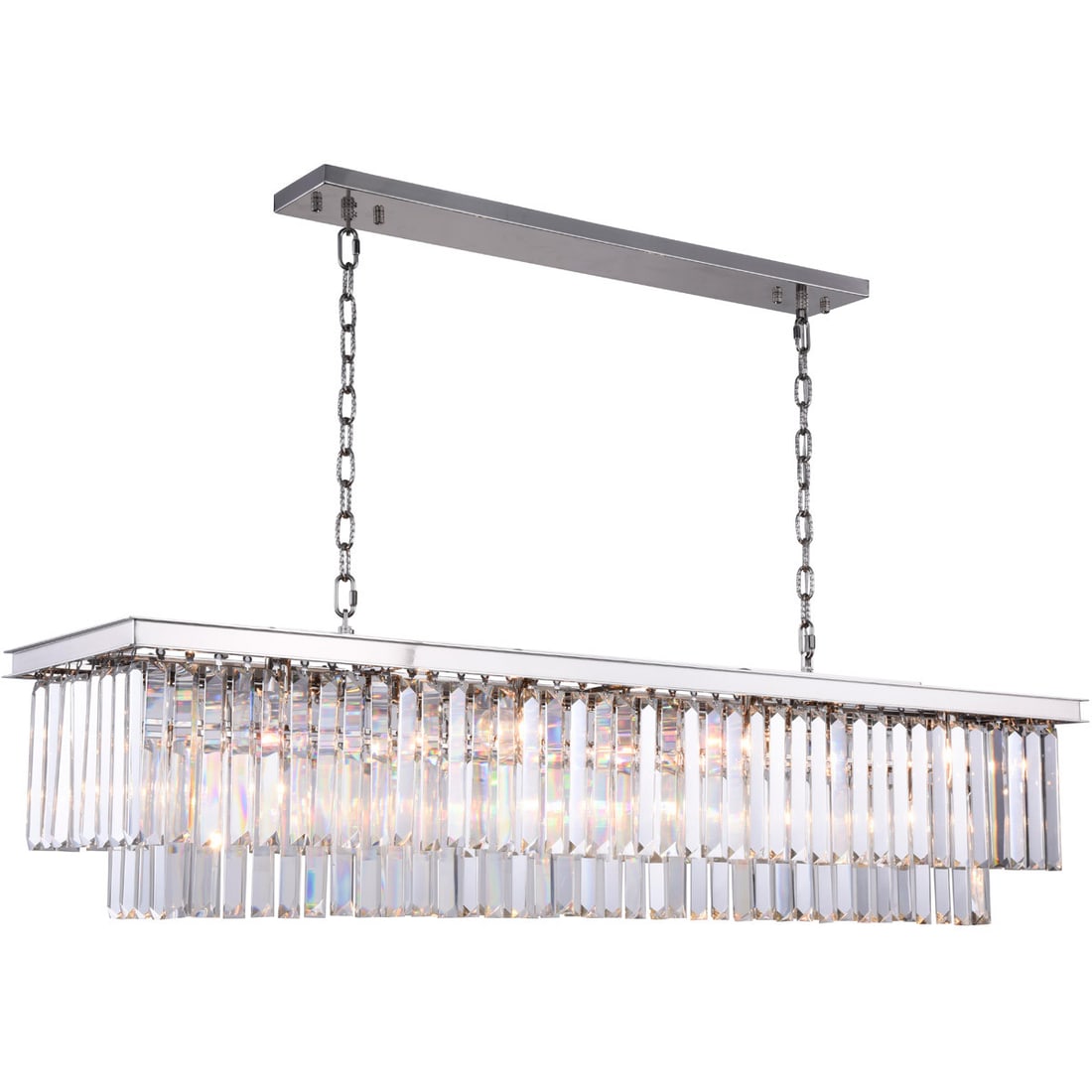 Sydney 60 in Crystal Chandelier Polished Nickel 12 Light: Sydney 60 in Crystal Chandelier Polished Nickel 12 Light Modern crystal chandelier light fixture with a polished nickel finish and clear crystal elements. It is hardwired, indoor-rated, and designed f