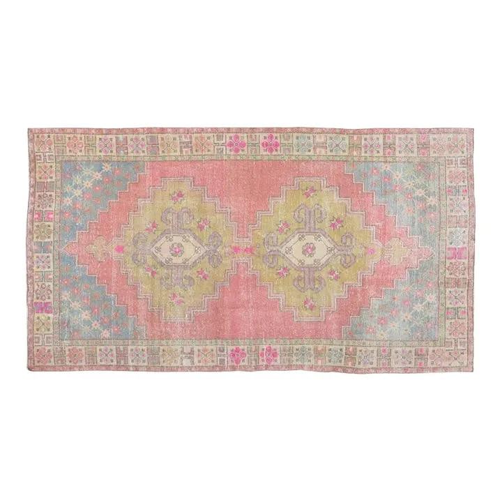 Hand-Knotted Wool Anatolian Area Rug 4'4 x 8' Pink Vintage: Hand-Knotted Wool Anatolian Area Rug 4'4 x 8' Pink Vintage This vintage Turkish Anatolian rug is hand-knotted from wool using traditional techniques. It features a blend of classic craftsmanship with 