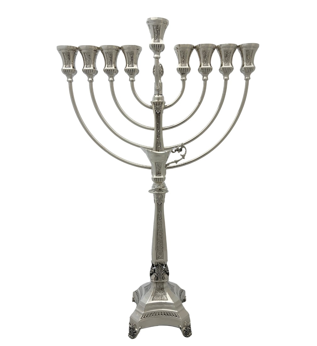 925 Sterling Silver Chanukah Menorah Handmade Leaf Swirl Design: 925 Sterling Silver Chanukah Menorah Handmade Leaf Swirl Design This Chanukah menorah is crafted from fine 925 sterling silver and features intricate handmade leaf-chased swirl designs. It is finished