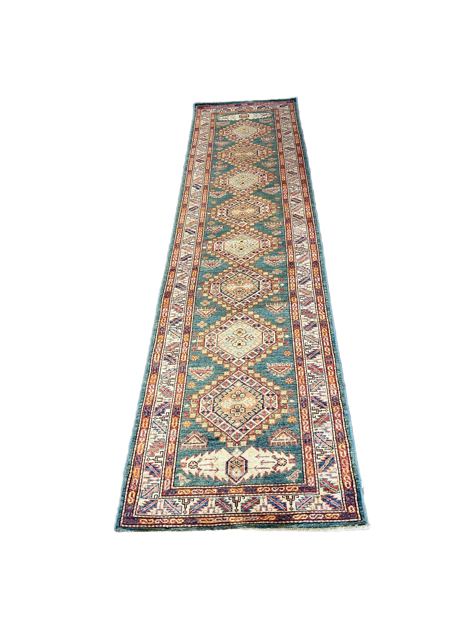 2'10" x 11'3" Sea Green Super Kazak Rug Handcrafted Wool: 2'10" x 11'3" Sea Green Super Kazak Rug Handcrafted Wool Free continental US Shipping Enhance your living space with the exquisite Sea Green Super Kazak Rug, a stunning blend of traditional craftsmans