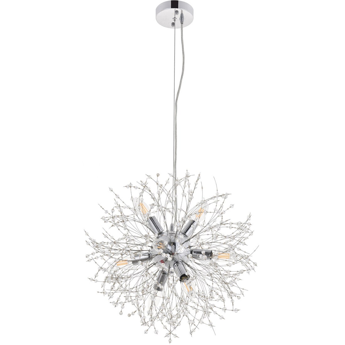 Flores Chrome Crystal 8-Light Hanging Pendant 20 Inch: Flores Chrome Crystal 8-Light Hanging Pendant 20 Inch This modern Sputnik-style chandelier features a striking 8-light design with a chrome frame and royal cut clear crystals, creating a star-shaped p