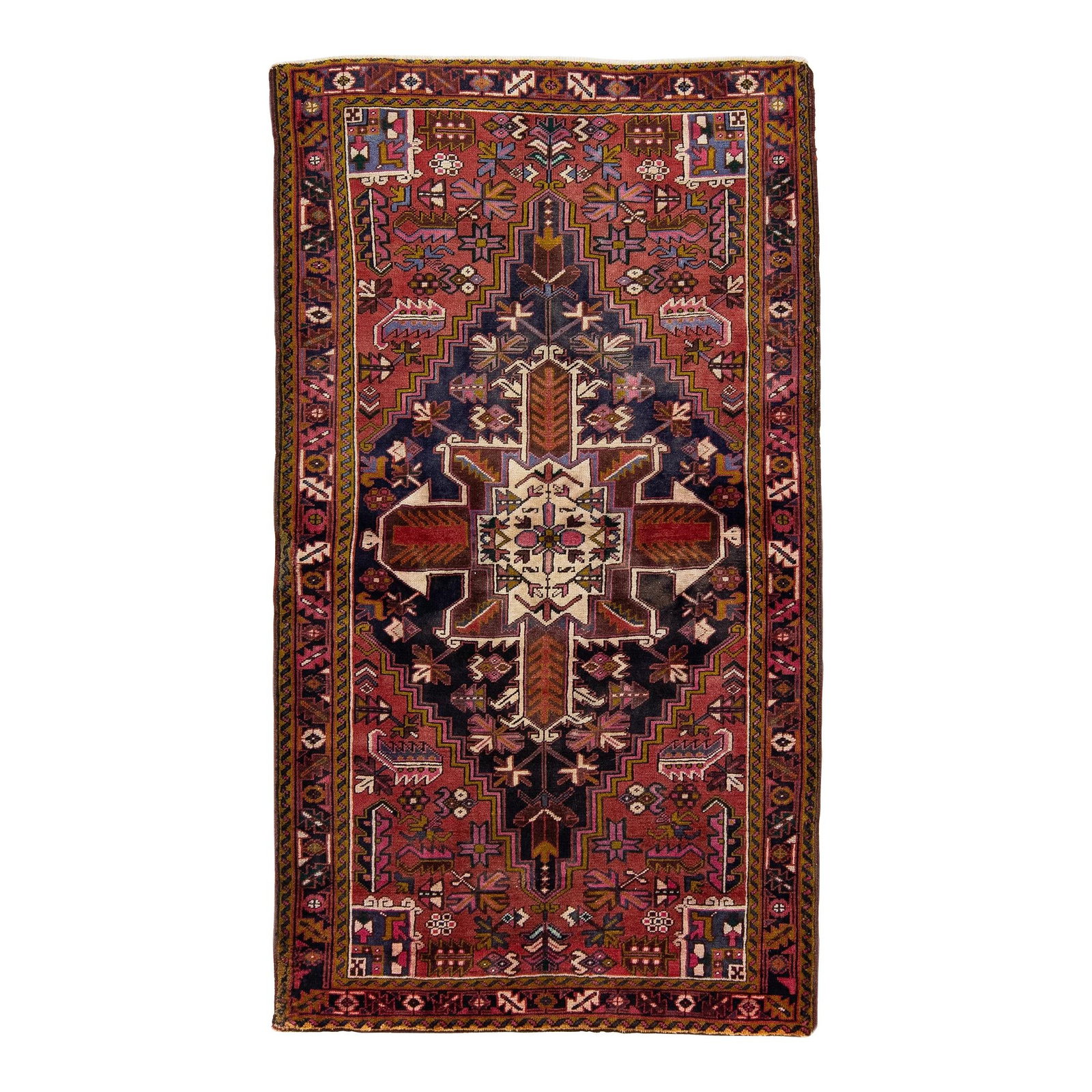 Vintage Persian Heriz Hand-Knotted Wool Rug Red Medallion 3'9 x 6'11: Vintage Persian Heriz Hand-Knotted Wool Rug Red Medallion 3'9 x 6'11 This exquisite vintage Persian Heriz rug features a stunning red color field adorned with a navy blue frame and vibrant multicolor 