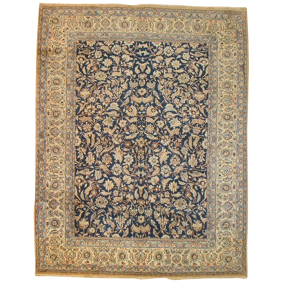 Silk Wool Pictorial Nain Persian Rug 62 x 80 in: Silk Wool Pictorial Nain Persian Rug 62 x 80 in This finely woven Persian Nain rug from the 20th century features a pictorial design on a crisp blue field. Crafted in the renowned weaving center of Na
