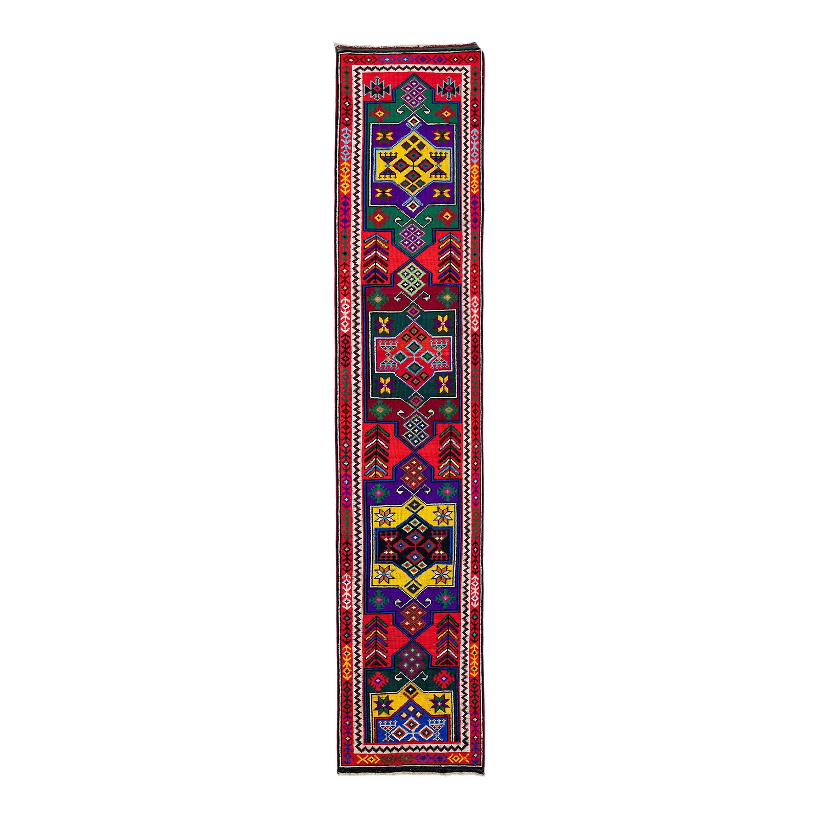 Vintage Turkish Hand-Knotted Red Wool Runner Multicolor Tribal Design 2'9 x 14': Vintage Turkish Hand-Knotted Red Wool Runner Multicolor Tribal Design 2'9 x 14' Add a touch of traditional elegance to your space with this beautiful vintage Turkish hand-knotted wool runner. Featurin
