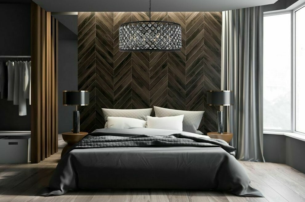 Madison 10 Light Crystal Chandelier Matte Black 42.5 in: Madison 10 Light Crystal Chandelier Matte Black 42.5 in Modern 10-light chandelier with a matte black finish, crystal construction, and silver shade crystal details. It is hardwired, dimmable, and fir