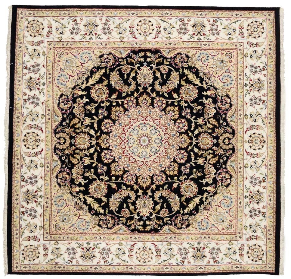 Square Black Floral Indo-Nain Wool and Silk Hand-Knotted Rug 5'11 x 5'11: Square Black Floral Indo-Nain Wool and Silk Hand-Knotted Rug 5'11 x 5'11 This 6x6 Indo-Nain black oriental square rug features a floral pattern in shades of black, cream, caramel, gray, maroon, red, a