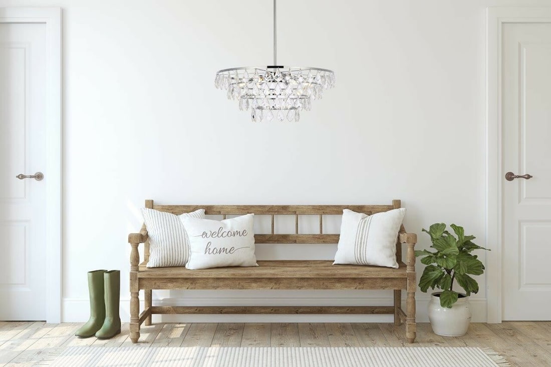 Living District Ella 6 Light Chrome Crystal Pendant 24 Inch: Living District Ella 6 Light Chrome Crystal Pendant 24 Inch This modern crystal chandelier features a polished chrome finish with royal cut clear crystal accents, creating an elegant focal point for a