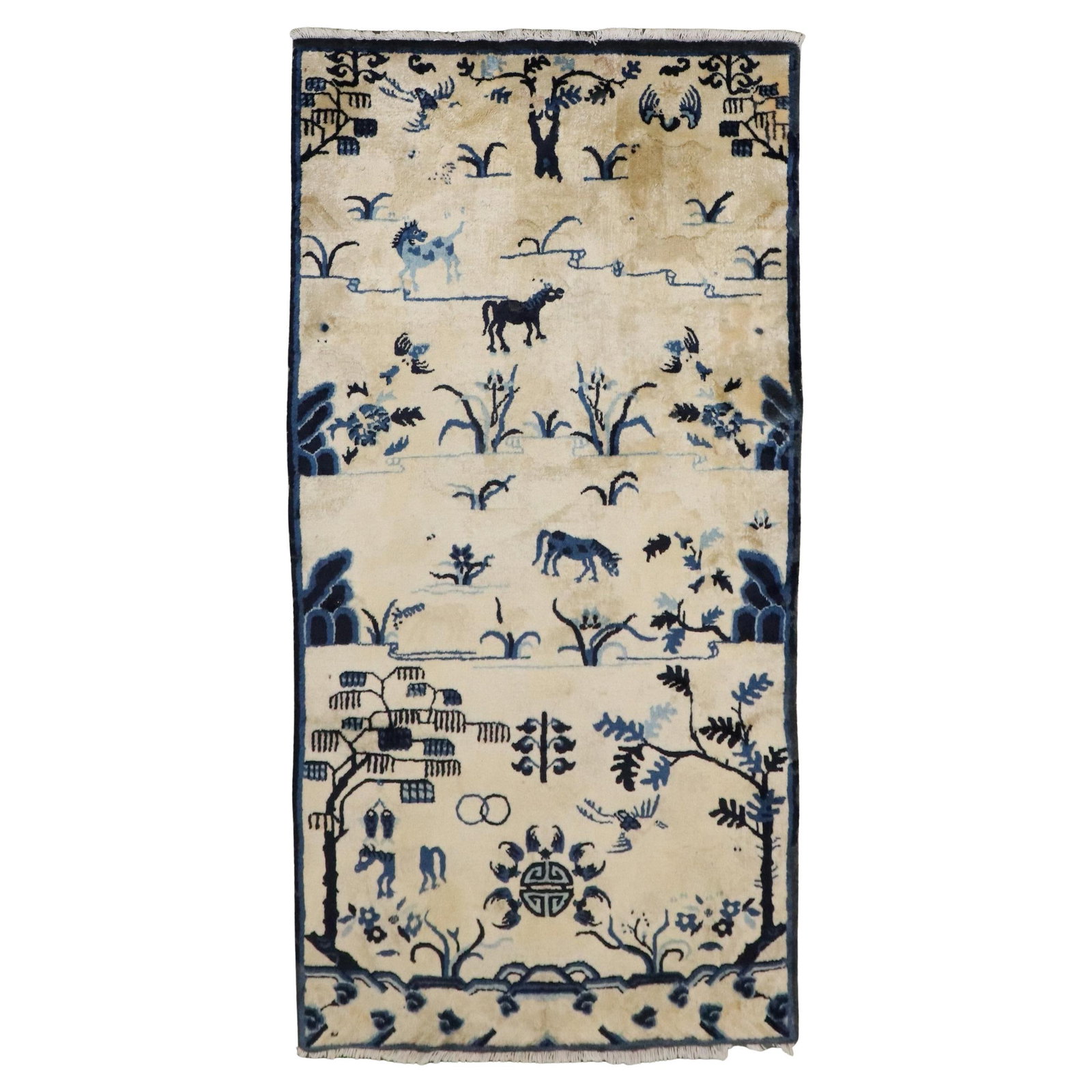 Zabihi Collection Beige Blue Antique Chinese Hand-Knotted Rug 3' x 5'8: Zabihi Collection Beige Blue Antique Chinese Hand-Knotted Rug 3' x 5'8 This exquisite early 20th-century Chinese Peking carpet showcases a stunning animal motif rendered in elegant beige and blue tone