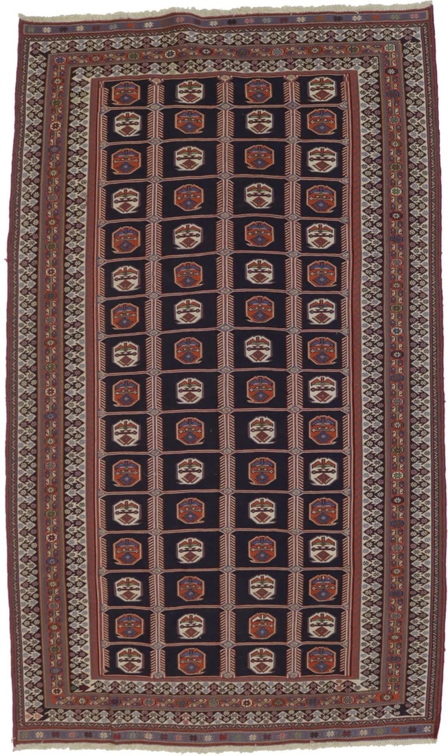 Handwoven Wool Pictorial Sumak Rug 4'3 x 7'4 Purple Navy Flatweave Carpet (1 of 15)