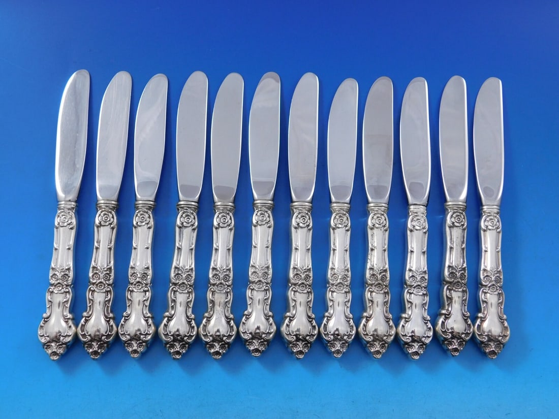 Wallace Meadow Rose Sterling Silver Butter Spreader Set 12 pcs 6 3/8" (1 of 5)