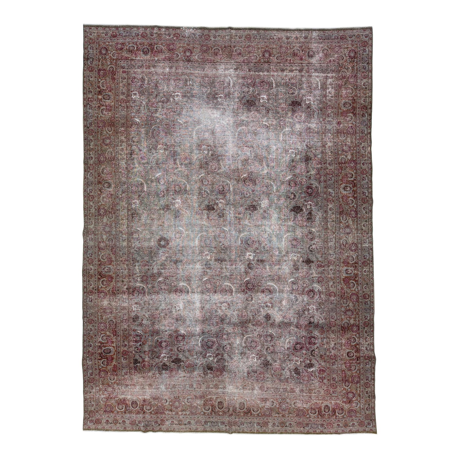 Antique Persian Tabriz Hand-Knotted Gray Wool Rug 9'11 x 13'11: Antique Persian Tabriz Hand-Knotted Gray Wool Rug 9'11 x 13'11 This stunning antique Persian Tabriz rug features a beautifully distressed gray color field, complemented by a rusted frame and delicate 