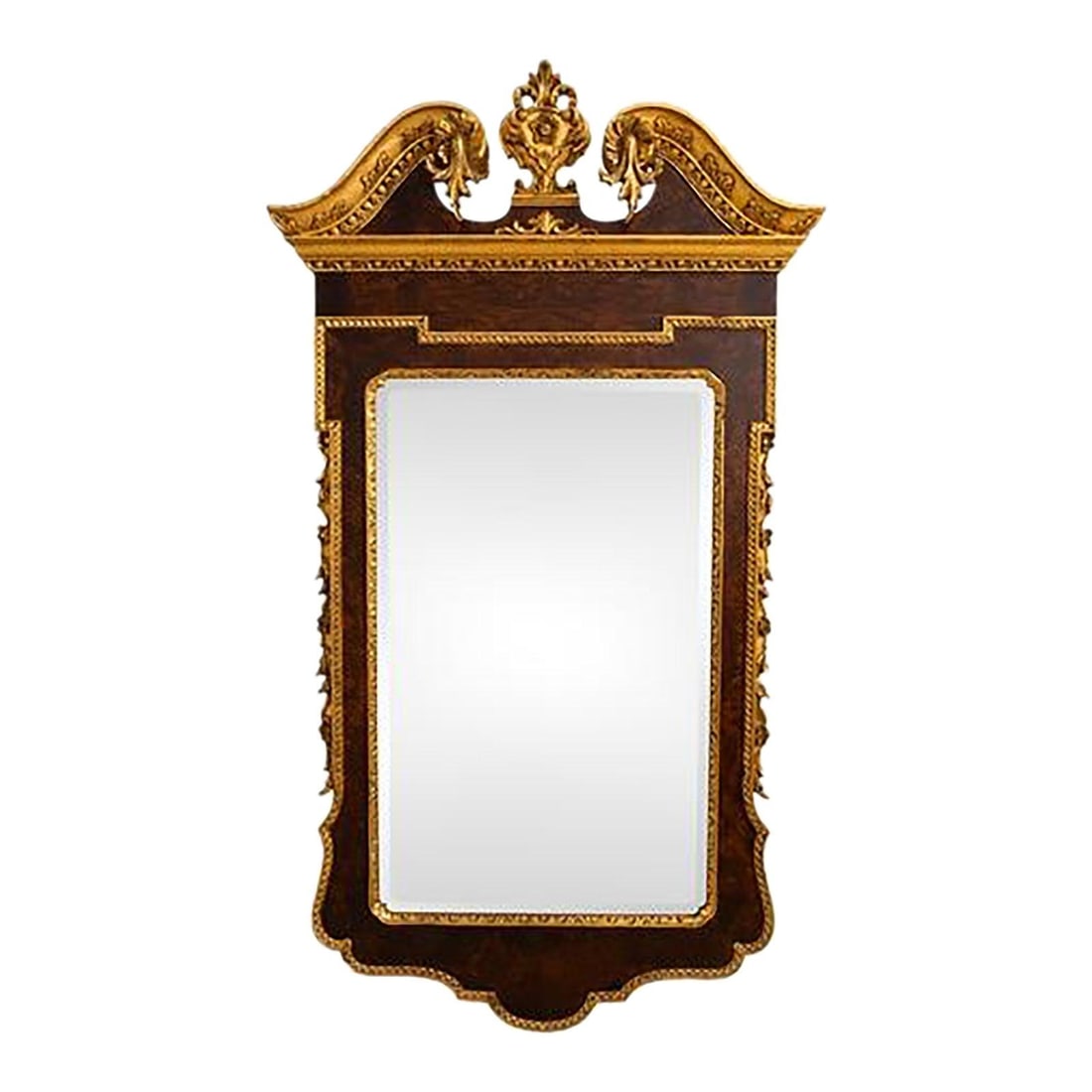 Beveled Glass Mirror in Georgian Design Burl Walnut Frame with Gold Accents: Beveled Glass Mirror in Georgian Design Burl Walnut Frame with Gold Accents This Italian Georgian style mirror features a beveled glass center with finely carved details and a high-quality burl walnut