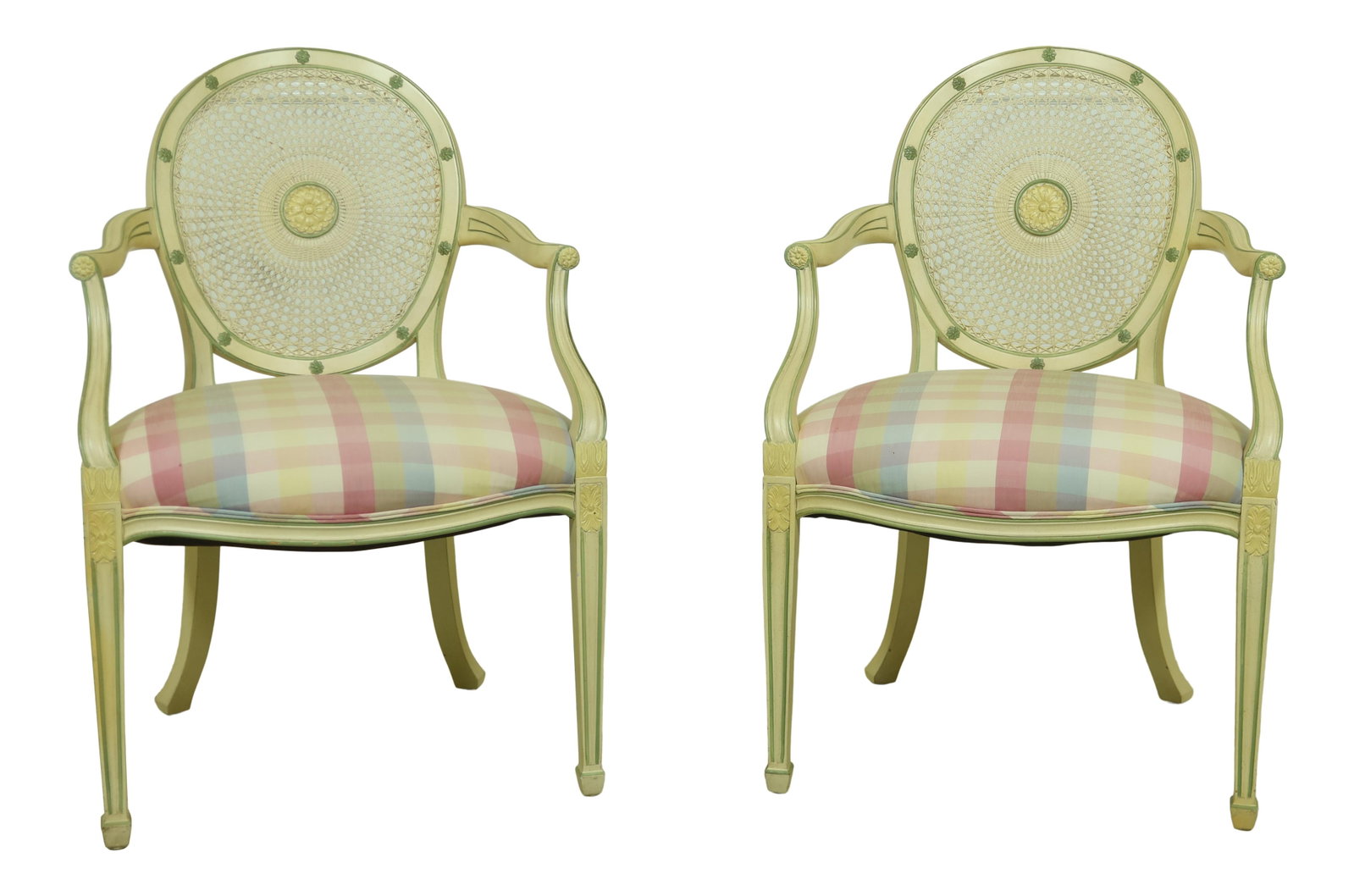 Smith & Watson Adam Style Cane Back Armchairs Green Finish Pair (1 of 10)