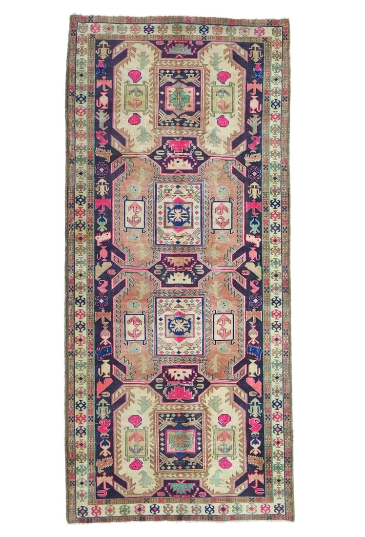 Hand Knotted Wool Tribal Runner 4'6 X 9'8 Vintage Geometric Rug: Hand Knotted Wool Tribal Runner 4'6 X 9'8 Vintage Geometric Rug Transform your space with this stunning handmade antique distressed geometric oriental rug, featuring a vintage design that brings warmt