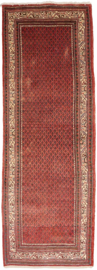 Vintage 1960s Hand-Knotted Tribal Floral Runner Rug 3'8 x 10'5: Vintage 1960s Hand-Knotted Tribal Floral Runner Rug 3'8 x 10'5 Enhance your space with this stunning 3'8" x 10'5" semi-antique oriental runner rug, featuring a vibrant allover floral design in shades 
