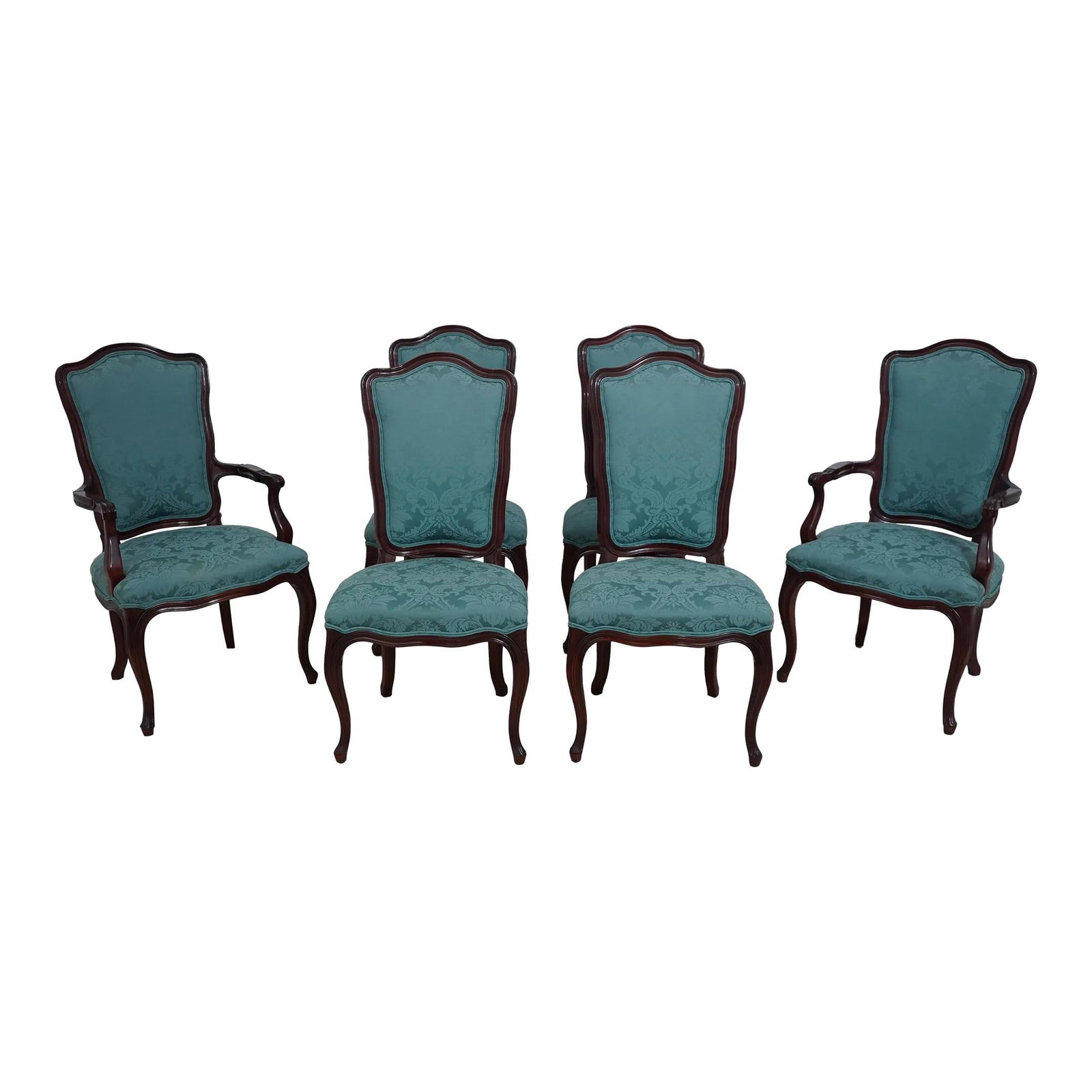 Set of 6 Kindel French Louis XV Cherry Wood Dining Chairs: Set of 6 Kindel French Louis XV Cherry Wood Dining Chairs This exquisite set of 6 dining room chairs features a classic French Louis XV design, expertly crafted from solid cherry wood. Each chair show