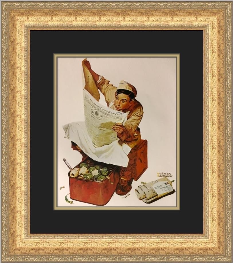 Norman Rockwell Hometown News Custom Framed Art Print 1979: Norman Rockwell Hometown News Custom Framed Art Print 1979 This stunning custom framed print titled "Hometown News" by renowned artist Norman Rockwell captures the essence of Americana through its pho