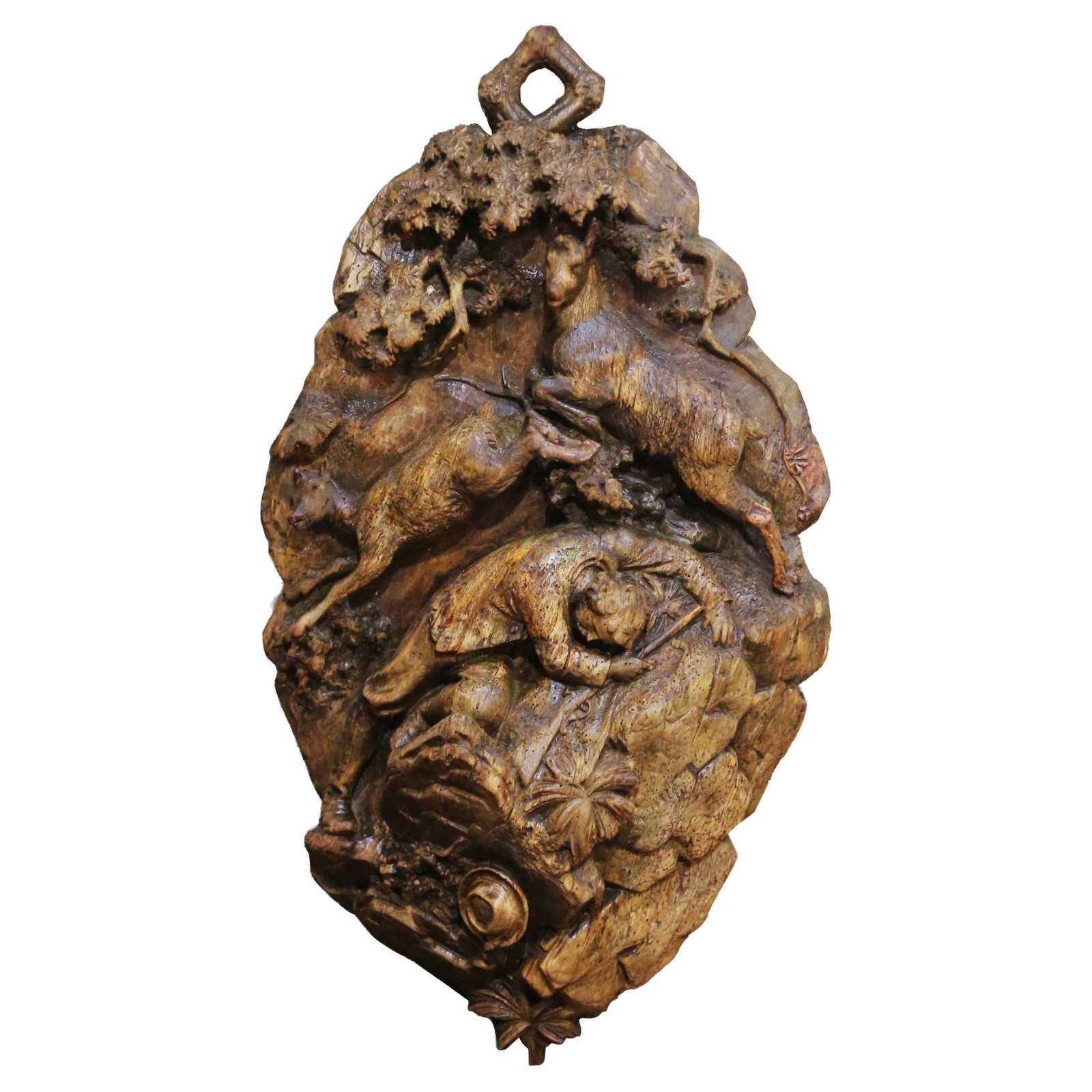 Swiss Black Forest Walnut Hunting Plaque with Carved Hunter and Wildlife (1 of 12)