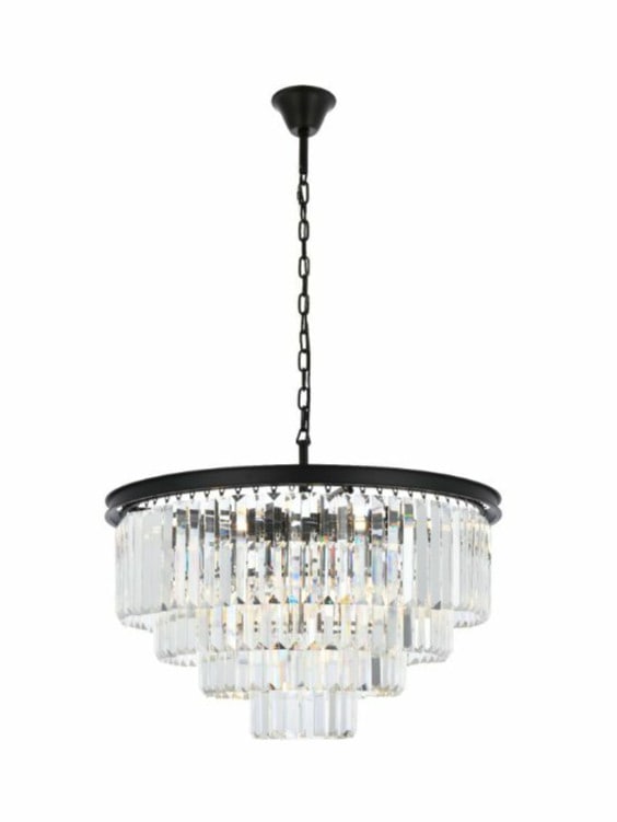 Lighting Sydney 17 Light Crystal Chandelier Matte Black 32 in: Lighting Sydney 17 Light Crystal Chandelier Matte Black 32 in Modern crystal chandelier with a matte black frame, featuring clear royal cut crystals and a 17-light design. It is hardwired, indoor-rate