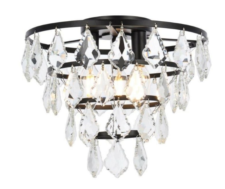 Living District Ella 3 Light Black Crystal Flush Mount: Living District Ella 3 Light Black Crystal Flush Mount This modern flush mount chandelier features a black finish and elegant clear crystal pendant drops, creating a sophisticated look suitable for di