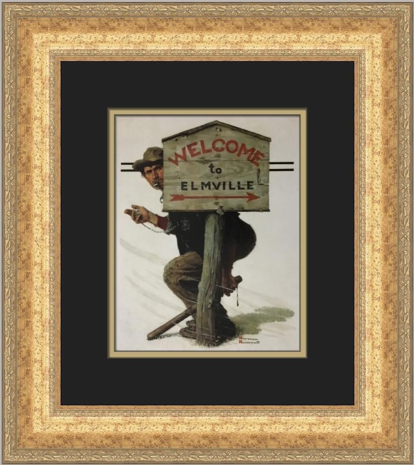 Norman Rockwell Welcome To Elmville Custom Framed Print 18 x 16: Norman Rockwell Welcome To Elmville Custom Framed Print 18 x 16 This stunning custom framed print, titled 'Welcome To Elmville' by renowned artist Norman Rockwell, captures the essence of Americana Mo