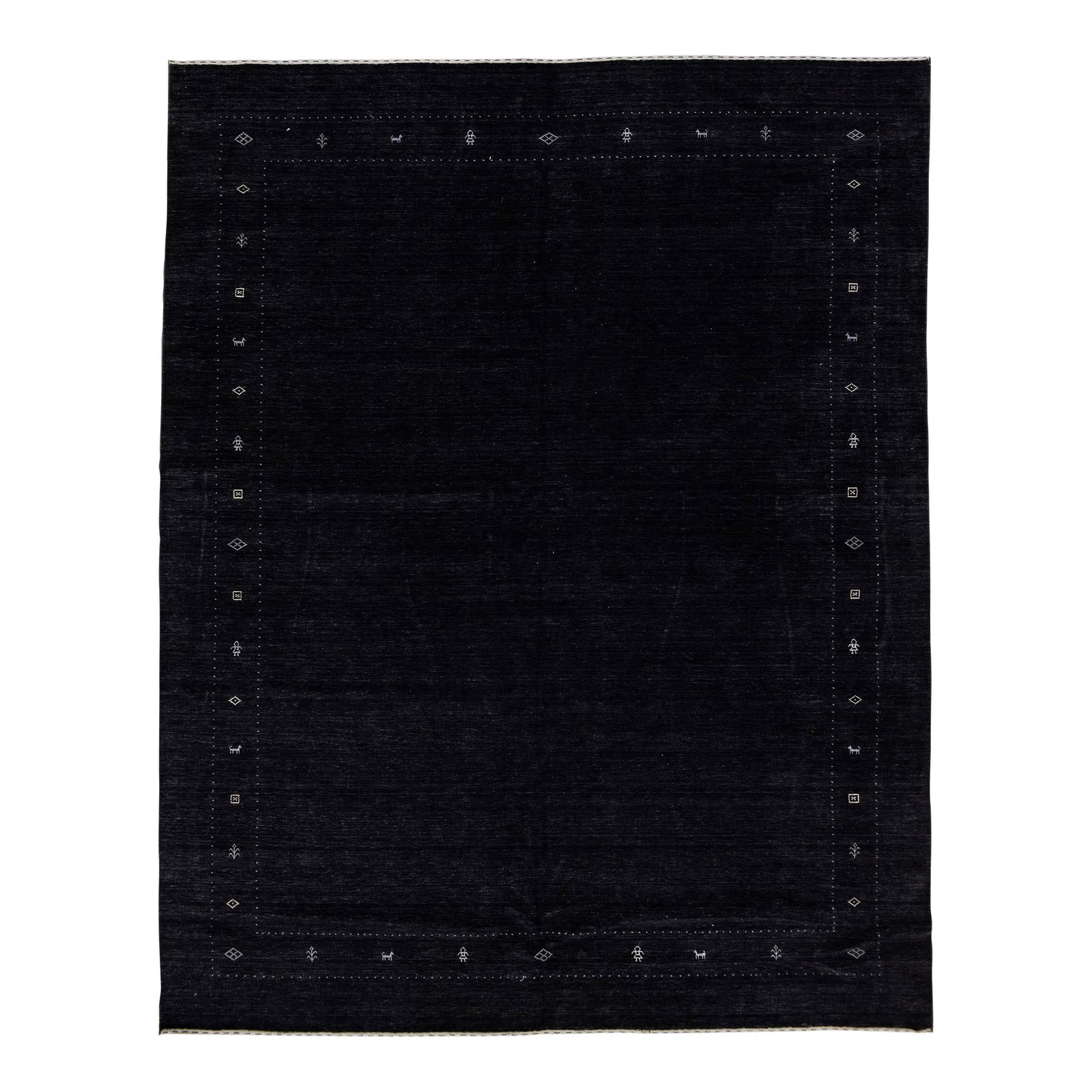 Handmade Contemporary Gabbeh Wool Rug 12' x 15' Black White Motif: Handmade Contemporary Gabbeh Wool Rug 12' x 15' Black White Motif This stunning handmade Gabbeh-style wool rug features a modern minimalist motif, showcasing a rich black color field enhanced by elega