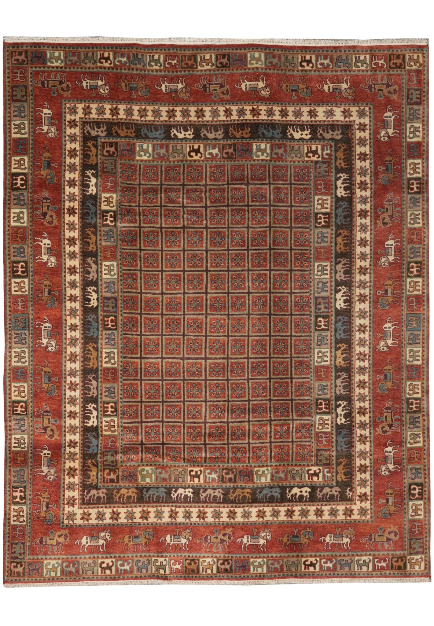 8 x 9.9 Handmade Bakhtiari Tribal Horse Motif Wool Rug: 8 x 9.9 Handmade Bakhtiari Tribal Horse Motif Wool Rug Free continental US Shipping This handmade Bakhtiari rug features a traditional horse motif and tribal geometric and floral elements in an earth-