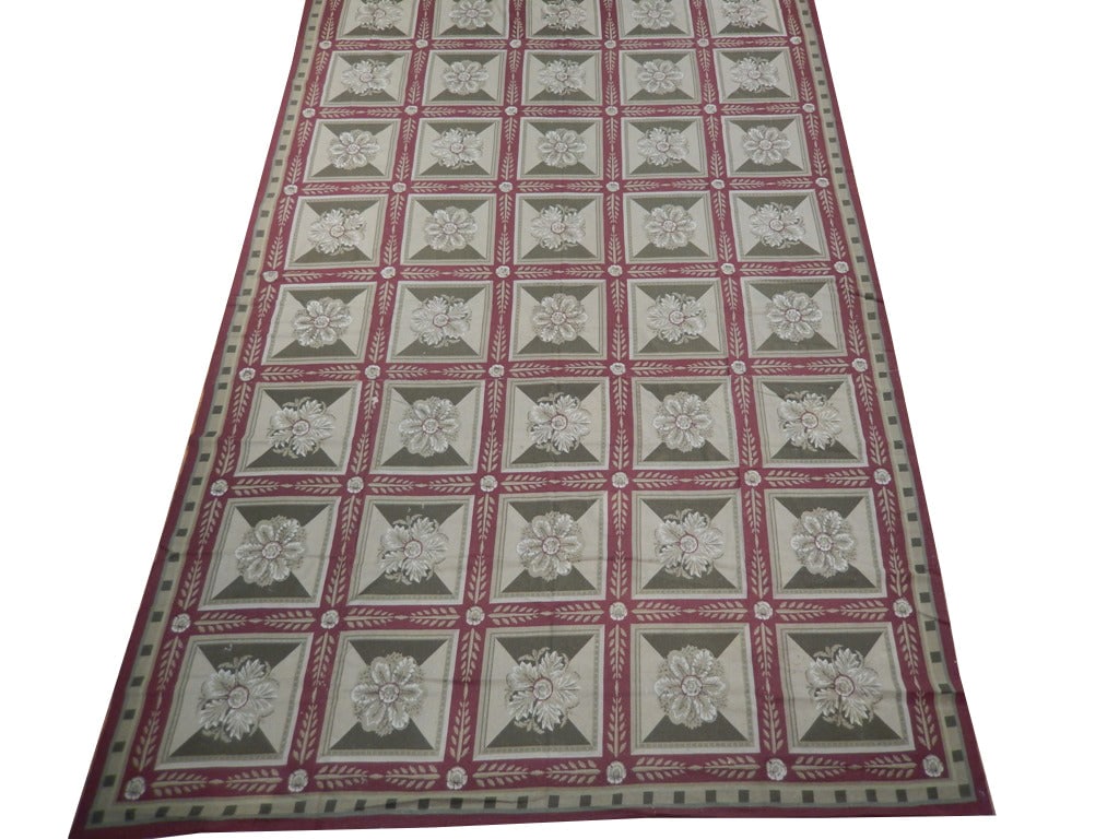 Handmade Green Needlepoint Flat Weave French Rug 9'4 x 19'10