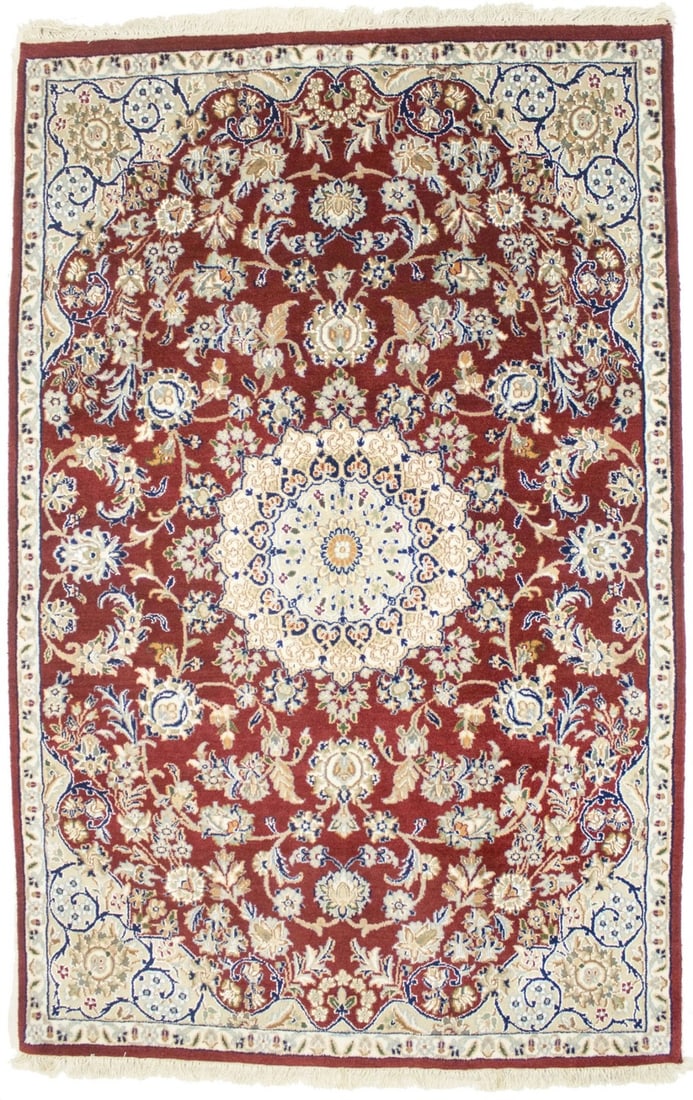 Hand-Knotted Wool and Silk Floral Rug in Wine Red 6'1 x 3'11