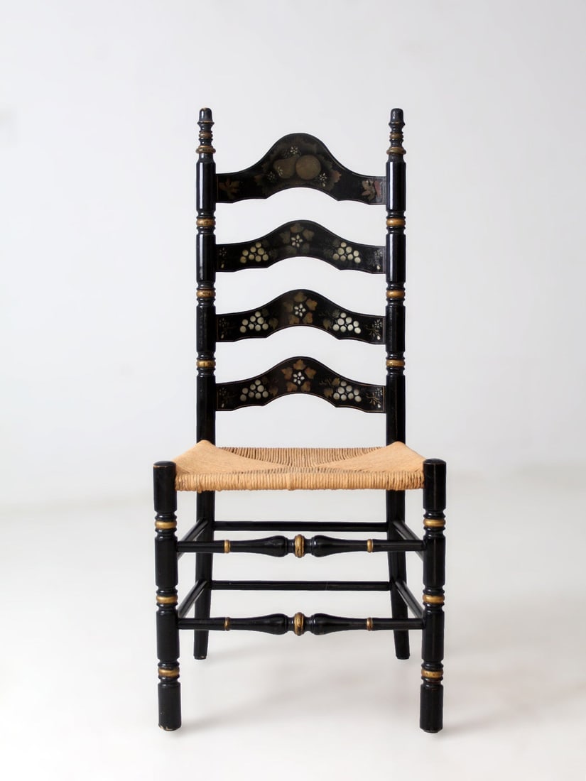 Black Painted Hitchcock Style Ladderback Chair With Hand Stenciled Fruit Motifs (1 of 12)
