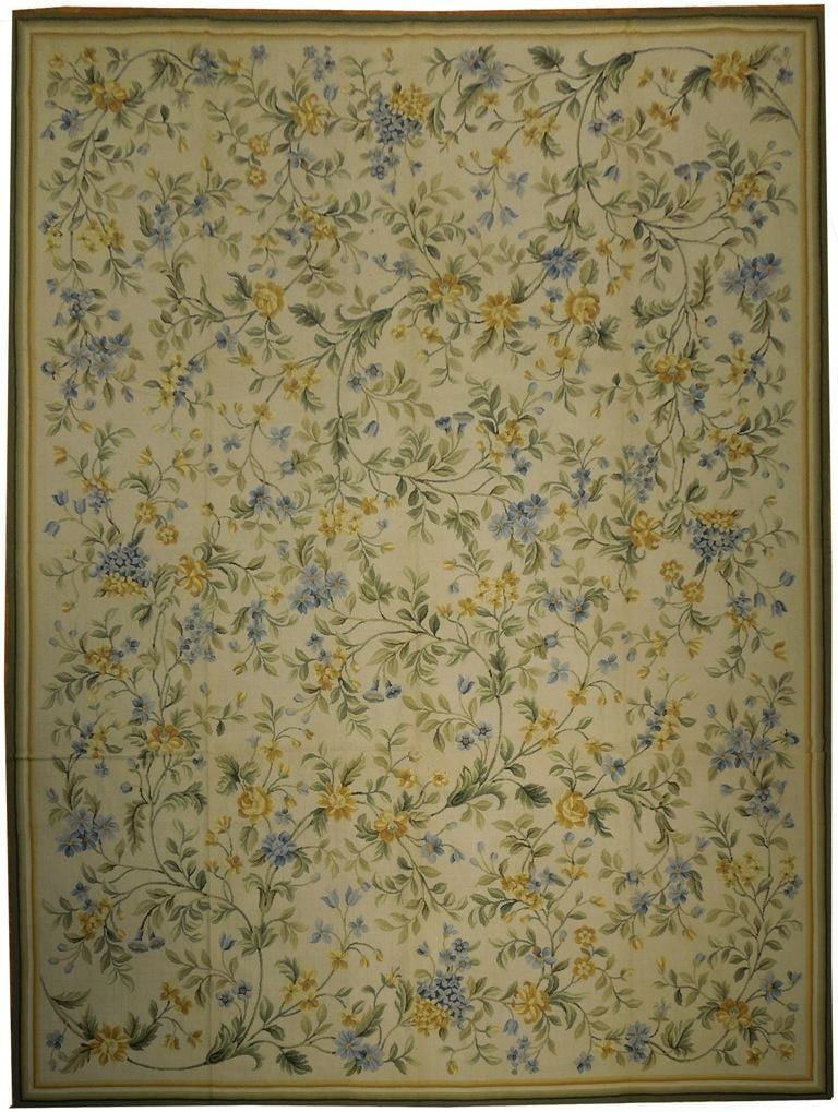9x12 Double Knot Needlepoint Flat Weave Rug Greens Blues Handmade