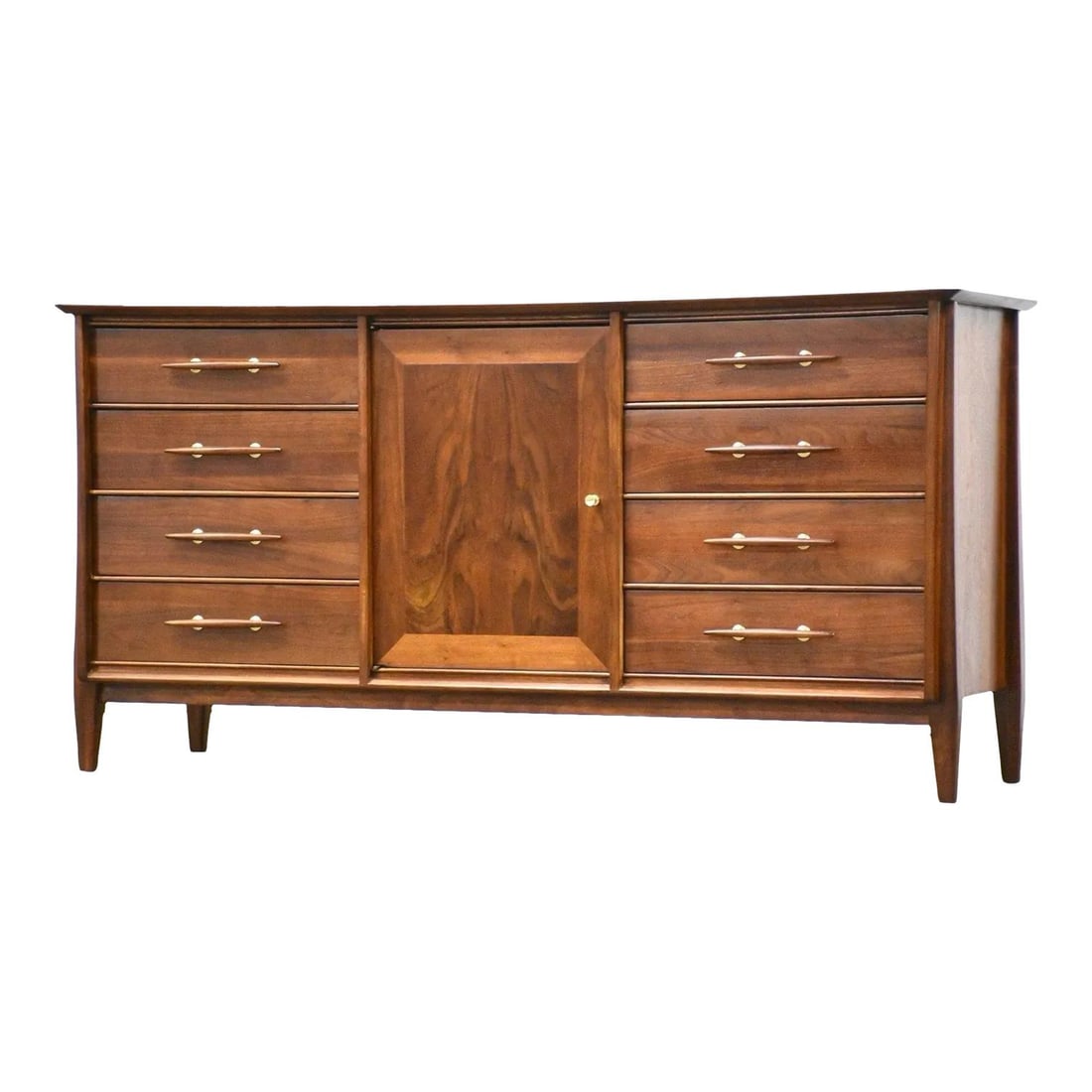 Mid Century Modern Walnut Dresser by Davis Furniture: Mid Century Modern Walnut Dresser by Davis Furniture This beautifully refinished mid-century modern walnut dresser features elegant brass knobs and a cleverly designed door that conceals additional do