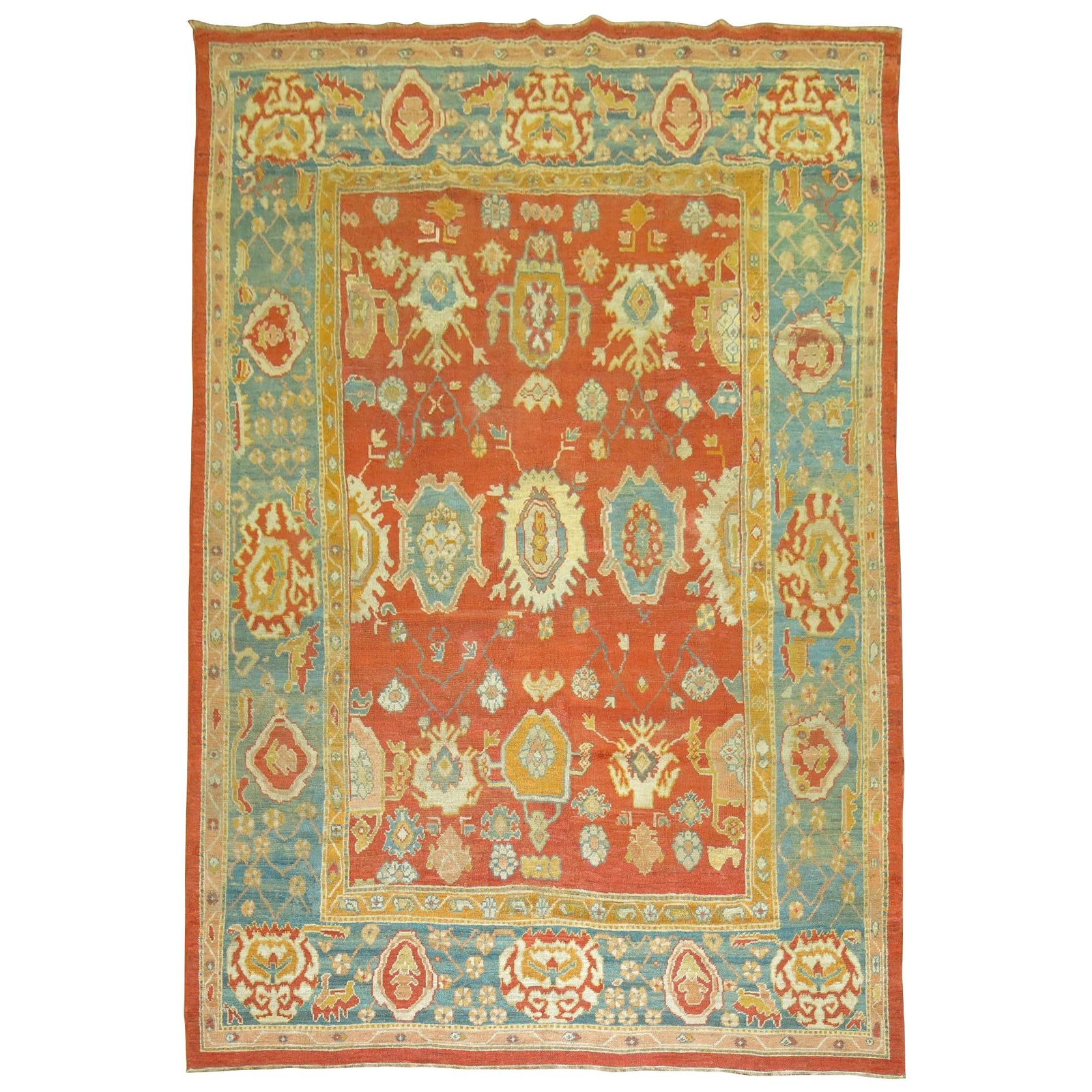 19th Century Turkish Oushak Rug Coral Red Teal Hand-Woven 8'5 x 11'6: 19th Century Turkish Oushak Rug Coral Red Teal Hand-Woven 8'5 x 11'6 Presenting a stunning late 19th century Turkish Oushak rug, hand-woven from high-quality wool. This unique piece features a vibrant