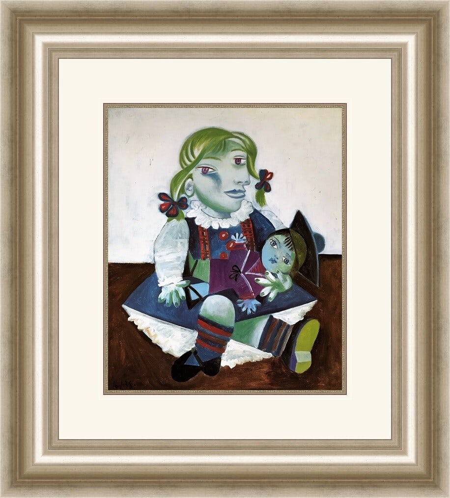 Framed Reproduction Print Pablo Picasso Portrait of Maya with her Doll: Framed Reproduction Print Pablo Picasso Portrait of Maya with her Doll Custom framed reproduction print titled Portrait of Maya with her Doll, after Pablo Picasso. It is an offset lithograph on paper 