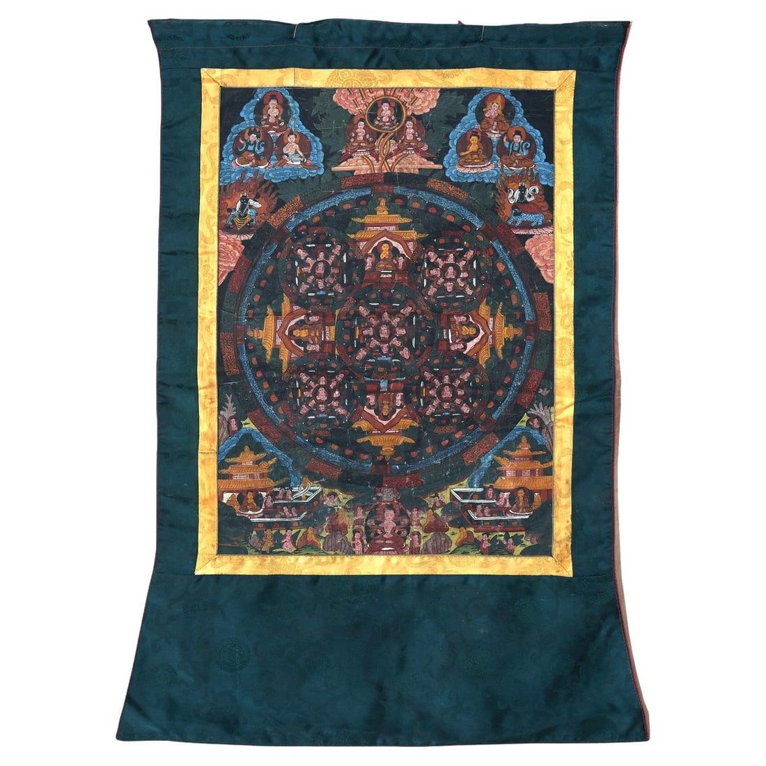 Tibetan Thangka Circa 1920 Hand Painted Silk and Canvas with Spiritual Figures