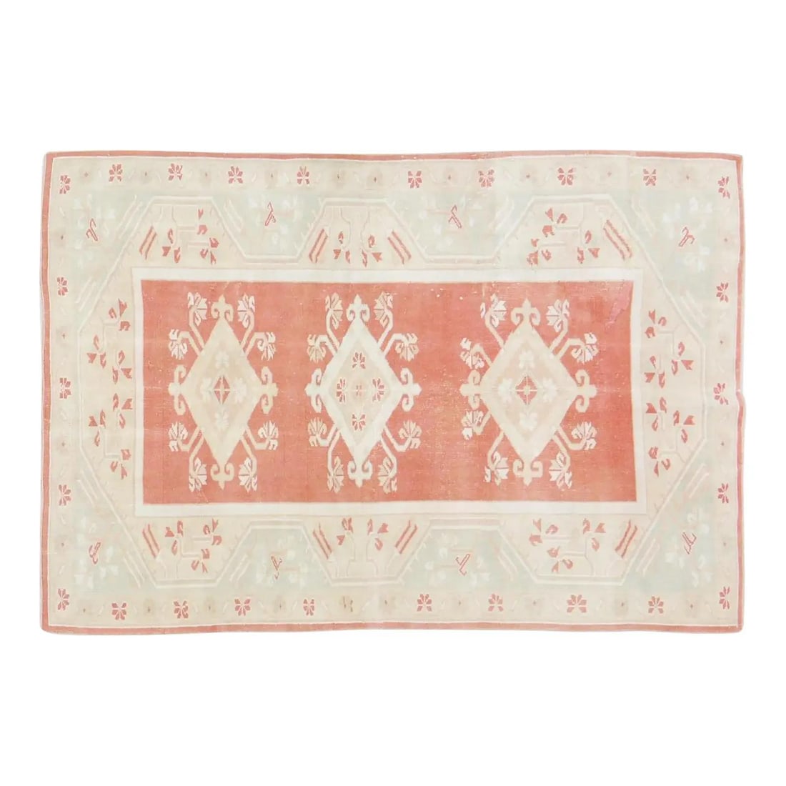 Salmon Wool Hand Knotted Rug Turkish Anatolian 4' x 6' Vintage: Salmon Wool Hand Knotted Rug Turkish Anatolian 4' x 6' Vintage This vintage Turkish Anatolian rug is hand-knotted from wool and features a soft texture. The rug displays a salmon color, adding warmth 