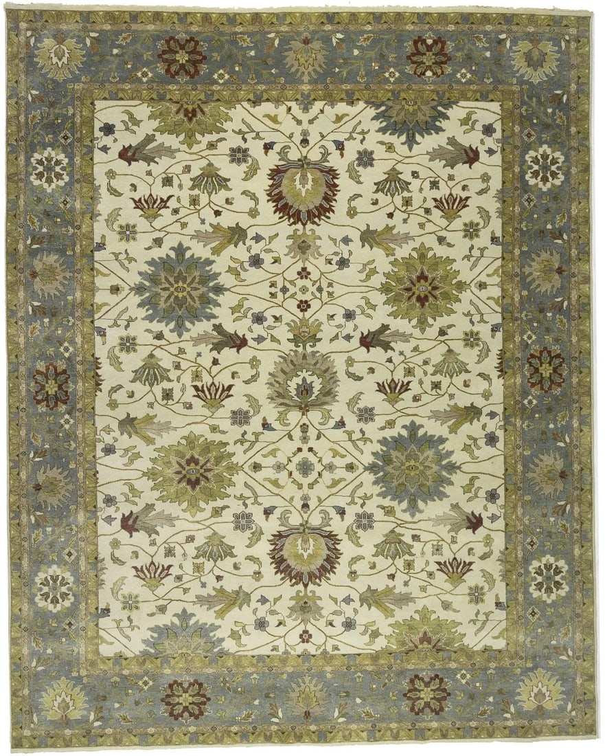 Handmade Cream Oushak Chobi Wool Rug 12' x 15' Floral Design