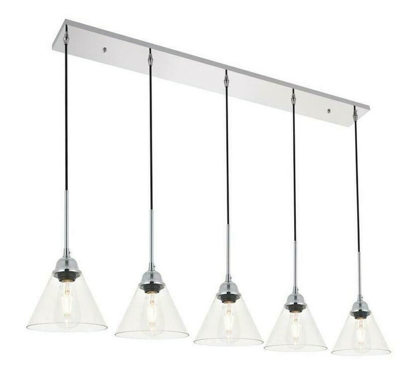 Histoire 5 Light Chrome Black Glass Pendant Ceiling Light: Histoire 5 Light Chrome Black Glass Pendant Ceiling Light Modern 5-light pendant chandelier with a chrome and black finish and clear cone glass shades. It is hardwired, dimmable, and height-adjustable