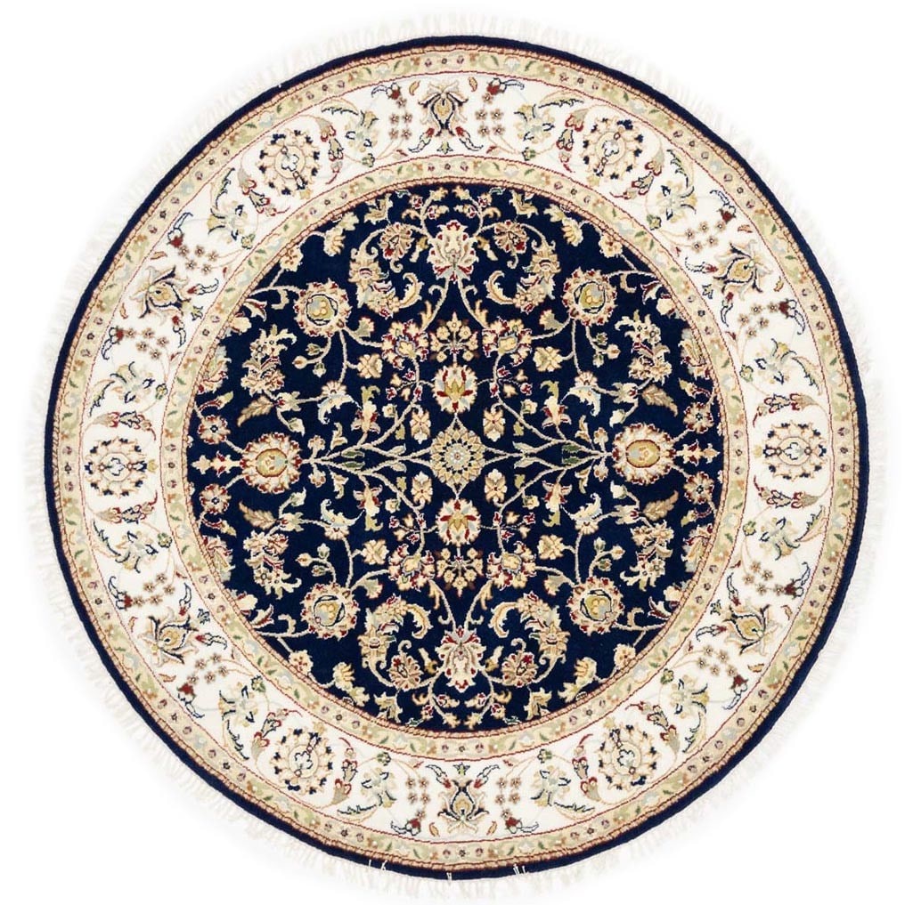 Hand-Knotted Wool Silk Round Floral Rug 5x5 India Indo-Nain Style: Hand-Knotted Wool Silk Round Floral Rug 5x5 India Indo-Nain Style This handmade Indo-Nain round Oriental rug features a floral pattern in dark navy, cream, beige, ivory, red, and light grey tones. Exp
