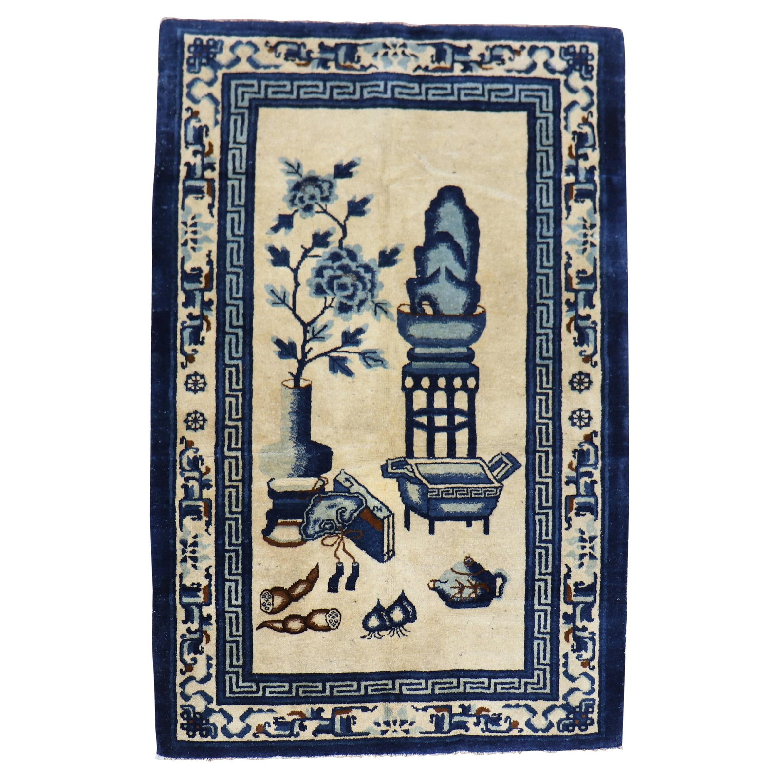 Antique 1920s Tibetan Hand-Knotted Chinese Rug Tan Blue 44 x 67