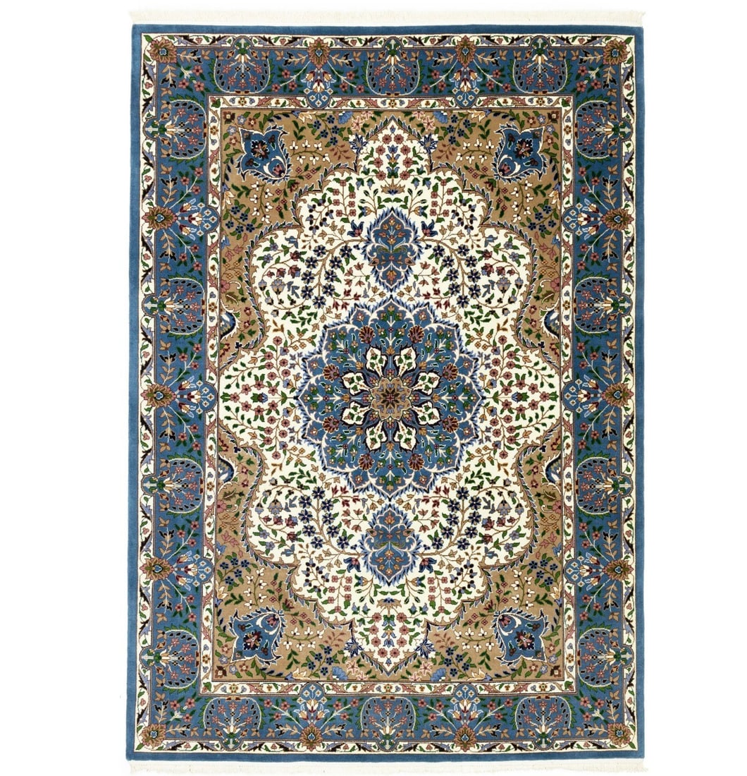 Hand-Knotted Wool Area Rug 6'4 x 9'1 Floral Cream Blue Traditional Design